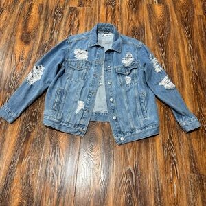 Topshop Moto Size 6 S / M Light Blue Distressed Grunge Denim Jacket Women's Rip